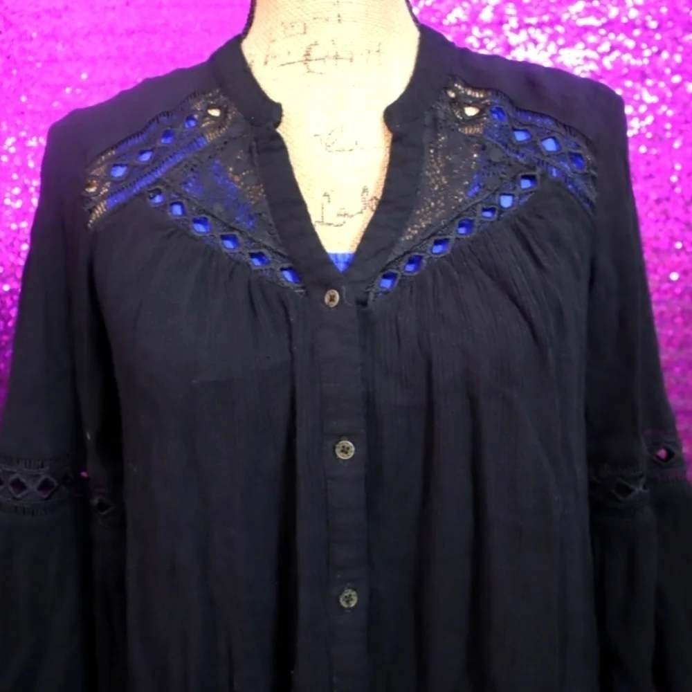 Black Lace Trim Blouse Small Knox Rose Womens Boho Bell Sleeve Button Front Top